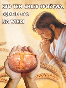 Baner na Boże Ciało "Kto ten chleb spożywa, będzie żył na wieki" 75x100 cm