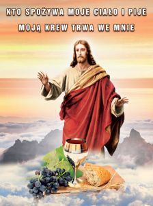 Baner na Boże Ciało "Kto spożywa moje ciało i pije moją krew, trwa we mnie" 75x100 cm
