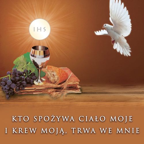 Baner na Boże Ciało "Kto spożywa ciało moje i krew moją, trwa we mnie" 150x150 cm