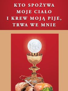 Baner na Boże Ciało "Kto spożywa moje ciało i pije moją krew, trwa we mnie" 75x100 cm