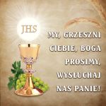 Baner na Boże Ciało "My, grzeszni, Ciebie, Boga prosimy wysłuchaj nas Panie!" 150x150 cm