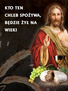 Baner na Boże Ciało "Kto ten chleb spożywa, będzie żył na wieki" 75x100 cm