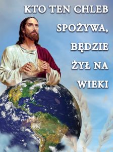 Baner na Boże Ciało "Kto ten chleb spożywa, będzie żył na wieki" 75x100 cm