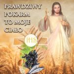 Baner na Boże Ciało "Prawdziwy pokarm to moje ciało" 150x150 cm