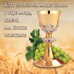 Baner na Boże Ciało "Kto spożywa moje ciało i pije moją krew, ma życie wieczne" 150x150 cm