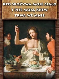 Baner na Boże Ciało "Kto spożywa moje ciało i pije moją krew trwa we mnie" 75x100 cm