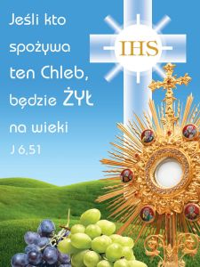 Baner na Boże Ciało "Jeśli kto spożywa ten Chleb, będzie żył na wieki" 75x100 cm