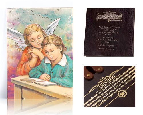 Ikona religijna Anioł Stróż z uczącym się dzieckiem - dedykacja / własny tekst