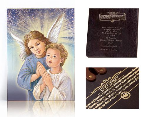 Ikona religijna Aniołek z dzieckiem podczas modlitwy - dedykacja / własny tekst