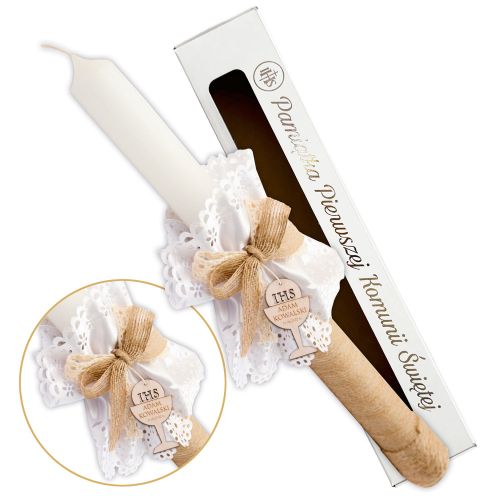 Świeca do Pierwszej Komunii Świętej - boho - pudełko - PERSONALIZACJA !