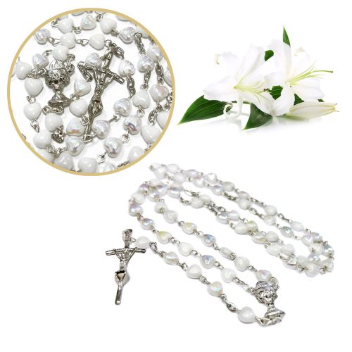 Różaniec komunijny - serca - białe - kryształ