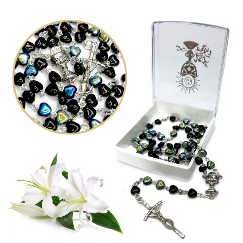 Różaniec komunijny - granatowy - serca + pudełeczko na różaniec