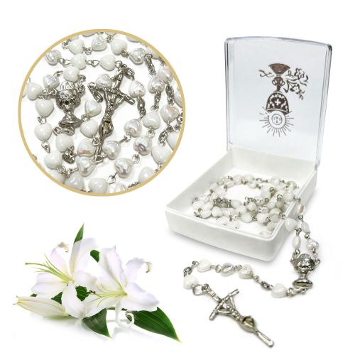 Różaniec komunijny - serca - perłowy - kryształ - IHS