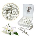 Różaniec komunijny - perłowy - kryształ + pudełeczko na różaniec