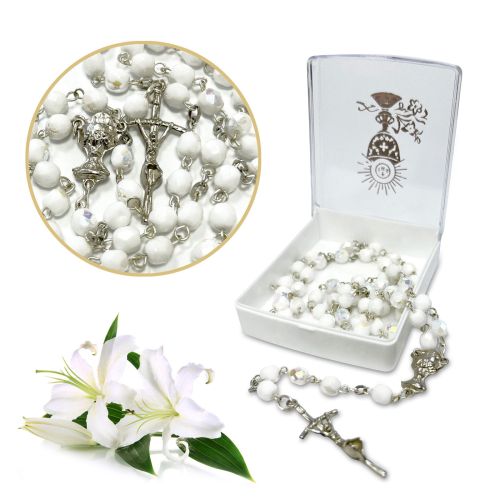 Różaniec komunijny - perłowy - kryształ + pudełeczko na różaniec