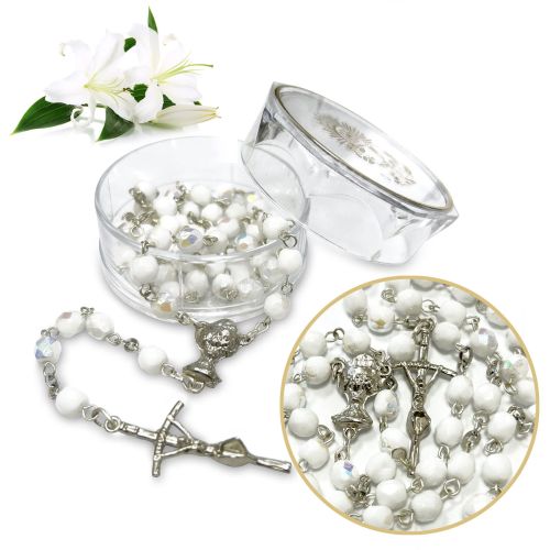 Różaniec komunijny - perłowy - kryształ + pudełeczko na różaniec