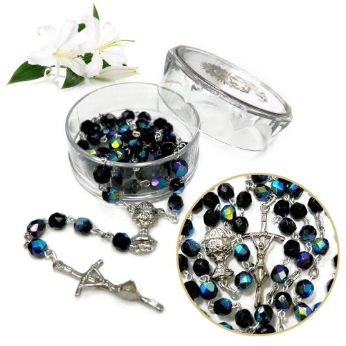 Różaniec komunijny - granatowy - kryształ + pudełeczko na różaniec