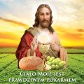 Baner religijny, symbole eucharystyczne "Ciało Moje jest Prawdziwym Pokarmem" 150x150 cm