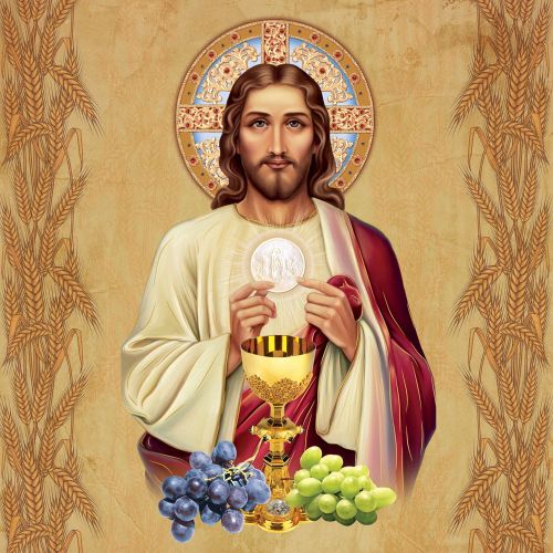 Baner religijny z Jezusem Chrystusem - symbole eucharystyczne 150x150 cm