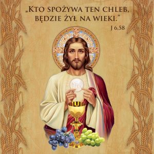 Baner religijny symbole eucharystyczne "Kto spożywa ten Chleb będzie żył na wieki" 150x150 cm