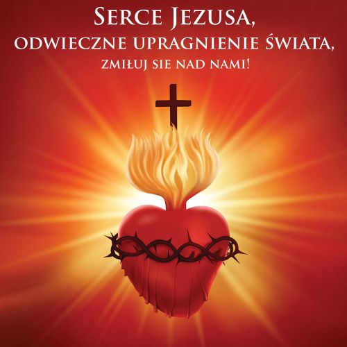 Baner religijny "Serce Jezusa, odwieczne upragnienie świata, zmiłuj się nad nami" 150x150 cm