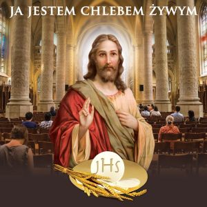 Baner religijny Boże Ciało "Ja Jestem Chlebem Żywym" 150x150 cm