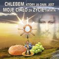Baner religijny, Baner na Boże Ciało "Chlebem, który Ja dam, jest moje Ciało, wydane za życie świata" 150x150 cm