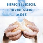 Baner religijny na Boże Ciało, symbole eucharystyczne "Bierzcie i jedzcie, to jest Ciało Moje" 150x150 cm