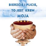 Baner religijny na Boże Ciało, symbole eucharystyczne "Bierzcie i pijcie, to jest Krew Moja" 150x150 cm