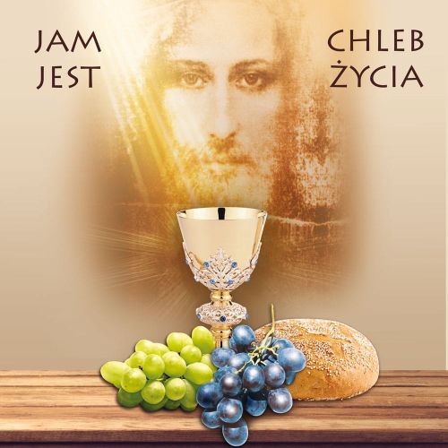 Baner religijny na Boże Ciało, symbole eucharystyczne "Jam jest chleb życia" 150x150 cm