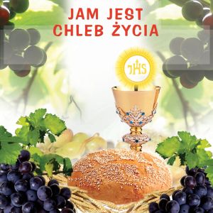Baner religijny na Boże Ciało, symbole eucharystyczne "Jam jest chleb życia" 150x150 cm