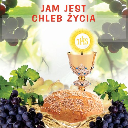 Baner religijny na Boże Ciało, symbole eucharystyczne "Jam jest chleb życia" 150x150 cm