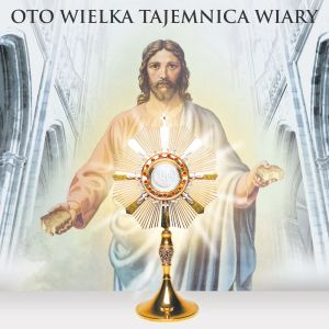 Baner religijny na Boże Ciało, symbole eucharystyczne "Oto wielka tajemnica wiary" 150x150 cm