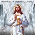 Baner religijny na Boże Ciało, symbole eucharystyczne "Oto wielka tajemnica wiary" 150x150 cm