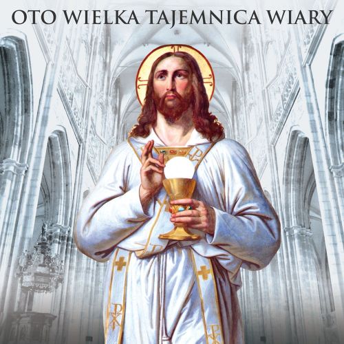 Baner religijny na Boże Ciało, symbole eucharystyczne "Oto wielka tajemnica wiary" 150x150 cm