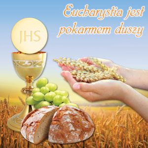 Baner na Boże Ciało "Eucharystia jest pokarmem duszy" 150x150 cm