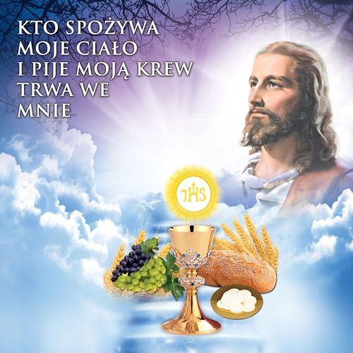Baner religijny na Boże Ciało "Kto spożywa moje ciało" 150x150 cm