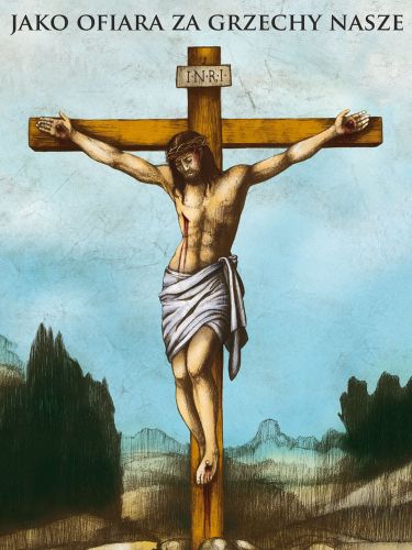 Baner na Wielki Post "Jako ofiara za grzechy nasze" 75x100 cm