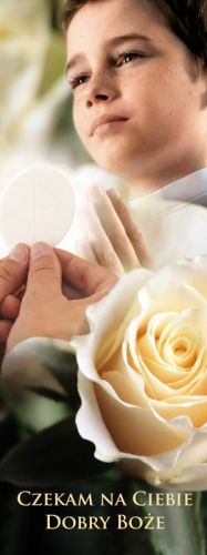 Baner na I Komunię Świętą "Czekam na Ciebie, Dobry Boże" 50x130 cm