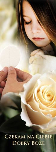 Baner na I Komunię Świętą "Czekam na Ciebie Dobry Boże" 50x130 cm