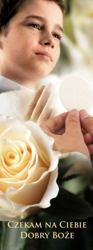 Baner na I Komunię Świętą "Czekam na Ciebie, Dobry Boże" 50x130 cm