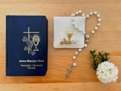 Zestaw komunijny - różaniec w etui i modlitewnik