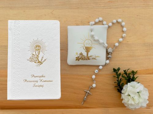 Zestaw komunijny - różaniec w etui i modlitewnik