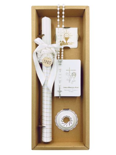 Zestaw na Pierwszą Komunię - 5w1 świeca, różaniec w etui i modlitewnik