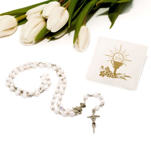 Różaniec komunijny - kryształowy - biały + etui na różaniec