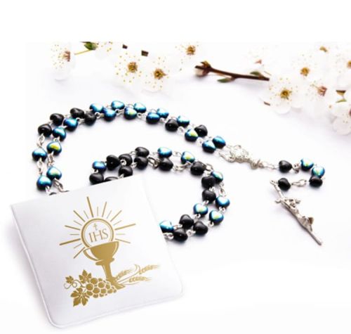Różaniec komunijny - serca - czarne + etui na różaniec
