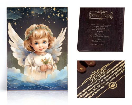 Ikona religijna Anioł Stróż dla dziecka (prezent na Chrzest Święty lub urodziny) - dedykacja / własny tekst