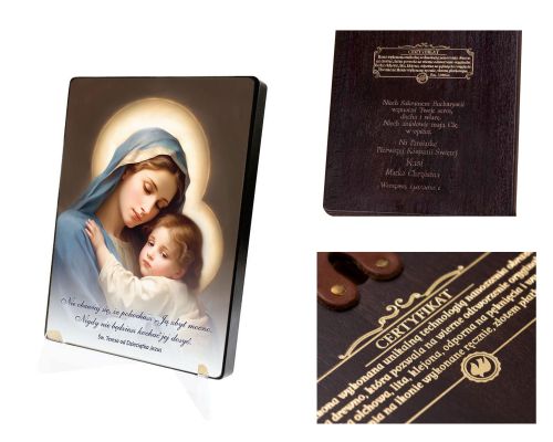 Naklejana ikona religijna z cytatem - Matka Boża z Dzieciątkiem Jezus