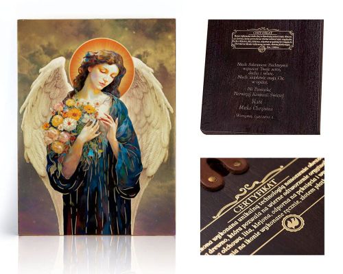 Ikona religijna Anioł Stróż z kwiatami - dedykacja / własny tekst