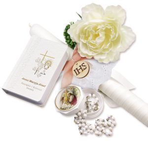 Zestaw na Pierwszą Komunię - świeca, różaniec w etui i modlitewnik